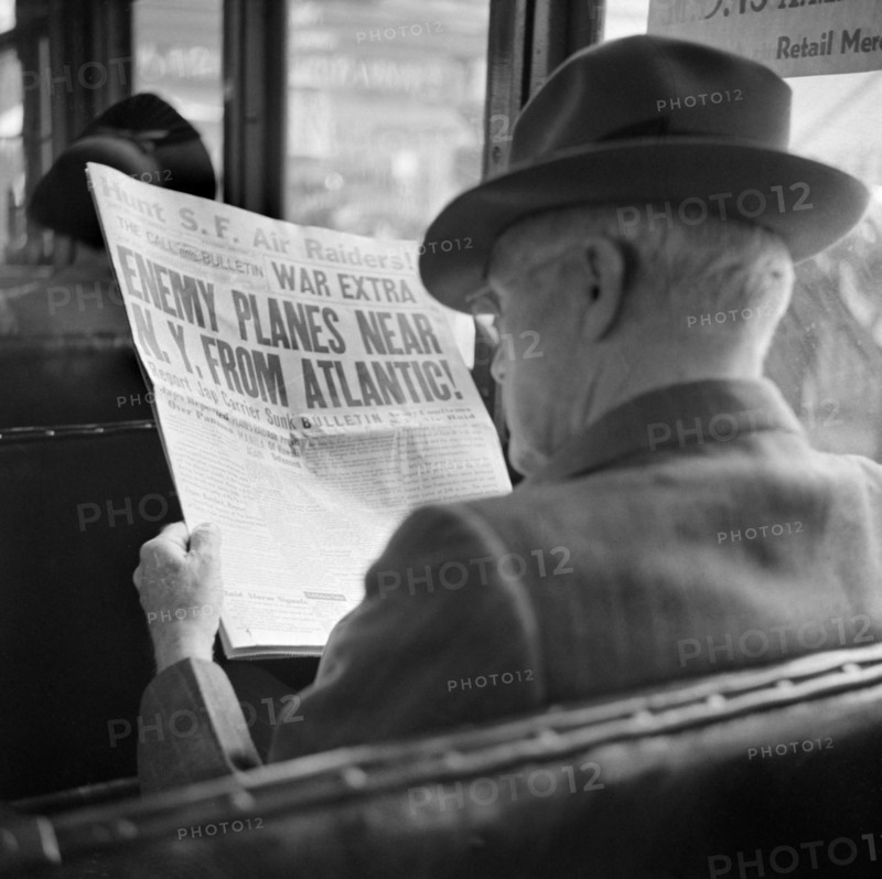 Man Reading War News on Streetcar, San Francisco, California, USA, John Collier for Office of War Information, December 1941