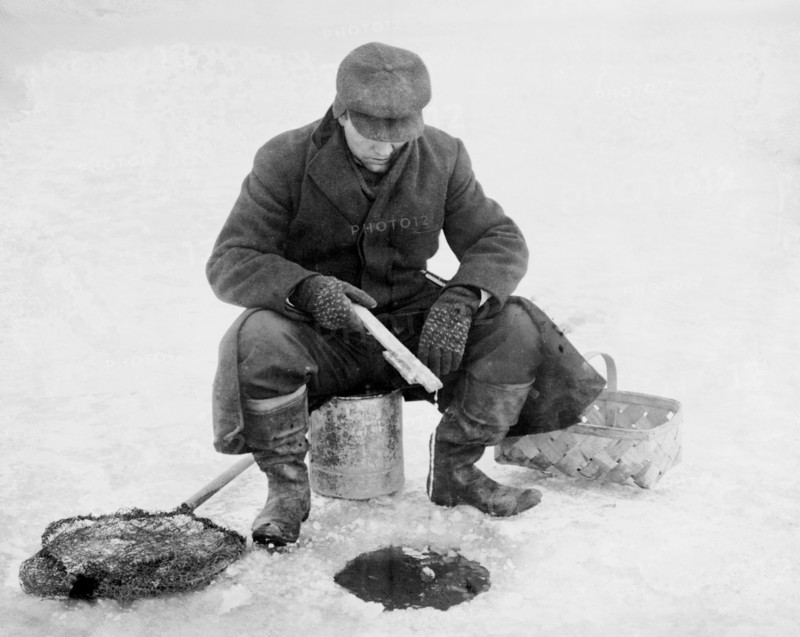 Man Fishing Through Hole in Ice, Bain News Service, circa 1910