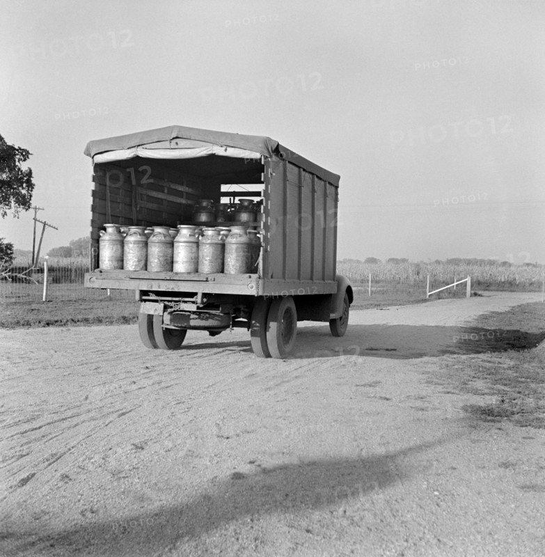 Milk Truck Leaving Two Rivers Non-Stock Cooperative Association, a Farm Security Administration (FSA) Project, Waterloo, Nebraska, USA, Marion Post Wolcott for Farm Security Administration, September 1941