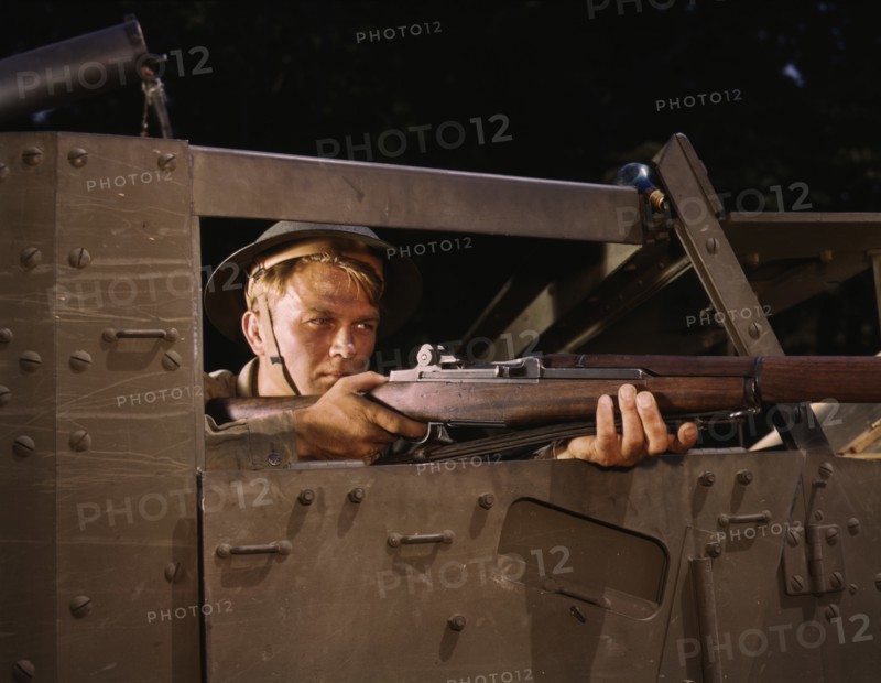 Halftrack Infantryman with Garland Rifle in Training, Fort Knox, Kentucky, USA, Alfred T. Palmer for Office of War Information, June 1942