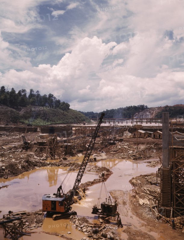 Early Construction of Douglas Dam, Tennessee Valley Authority, Tennessee, USA, Alfred T. Palmer for Office of War Information, June 1942