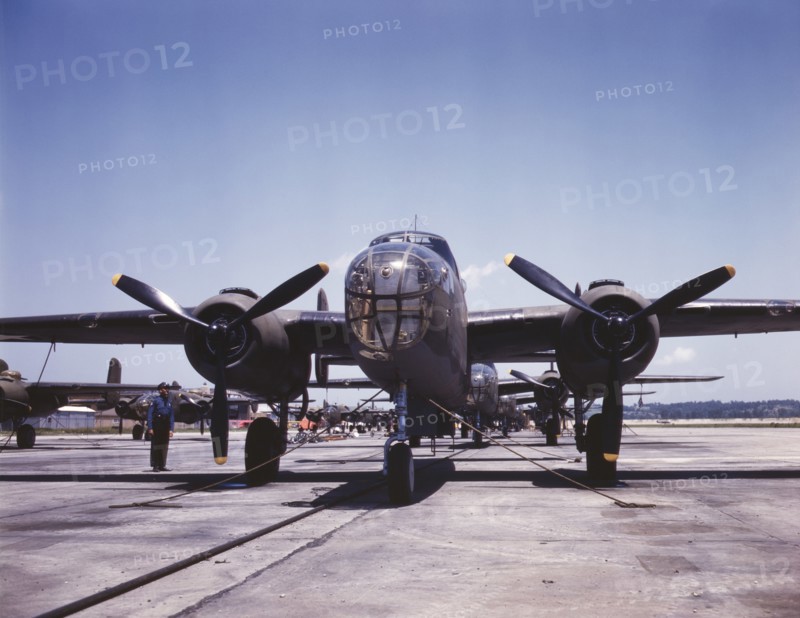 B-25 Bombers on Outdoor Assembly Line, North American Aviation, Inc, Kansas City, Kansas, USA, Alfred T. Palmer for Office of War Information, October 1942