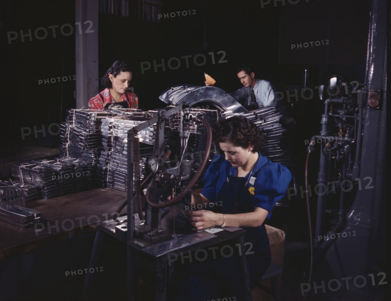 Workers Numbering Sheet Metal Parts with Pneumatic Number Machine, North American Aviation, Inglewood, California, USA, Alfred T. Palmer for Office of War Information, October 1942