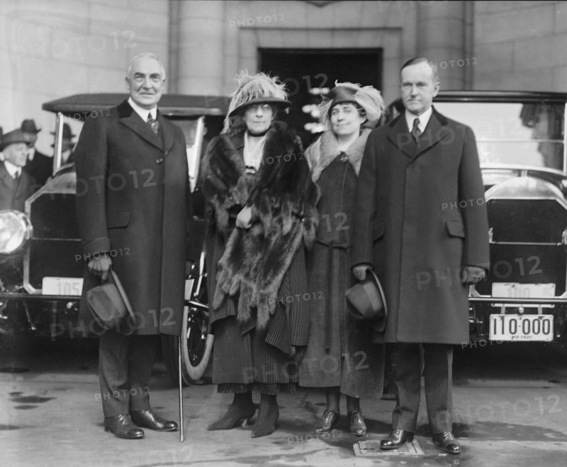 President-Elect Warren G. Harding, wife Florence Harding, Grace Coolidge, Vice President-Elect Calvin Coolidge, Portrait Arriving for Inauguration, Washington DC, USA, National Photo Company, March 3, 1921