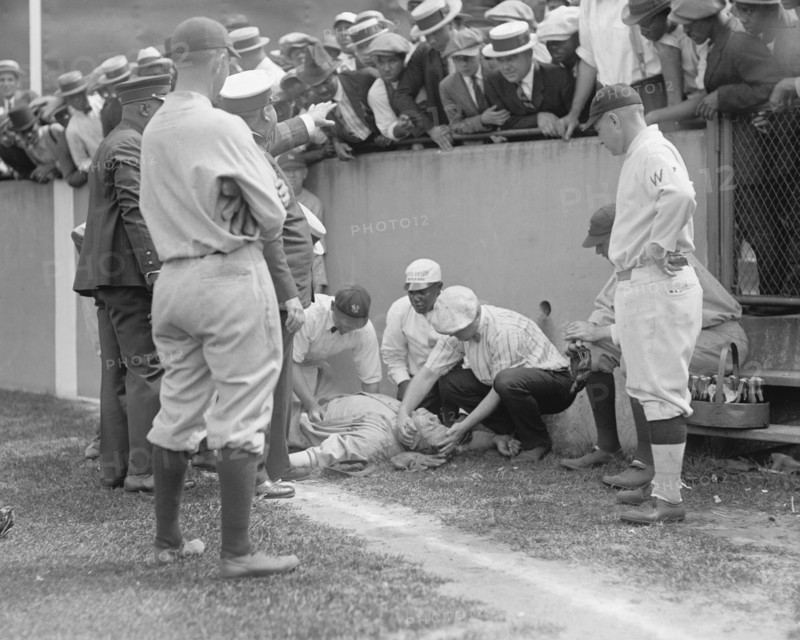 Babe Ruth, Major League Baseball Player, New York Yankees, Knocked out in front of Segregated Section of Fans during Ball Game, Washington DC, USA, National Photo Company, July 6, 1924
