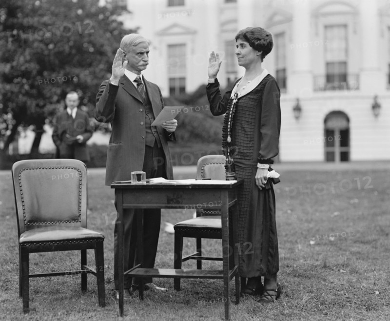 First Lady Grace Coolidge Taking Oath before Voting by Mail, White House Lawn, Washington DC, USA, National Photo Company, October 30, 1924