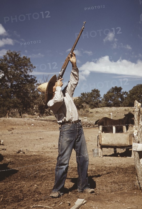Homesteader Shooting at Hawks, Pie Town, New Mexico, USA, Lee Russell for Farm Security Administration, October 1940