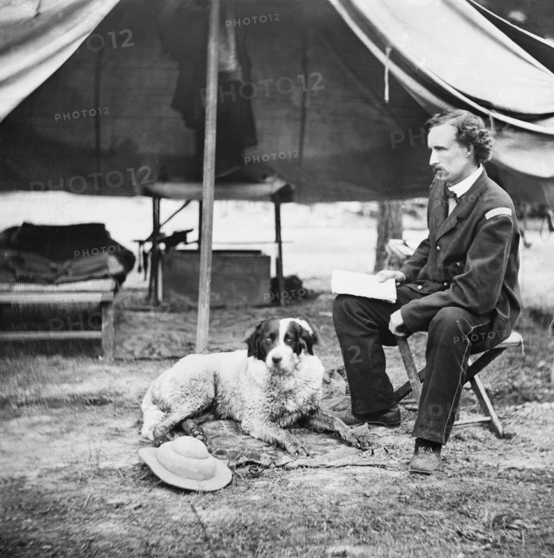Lieutenant George A. Custer with Dog, Peninsula Campaign, Virginia, USA, by Alexander Gardner, 1862