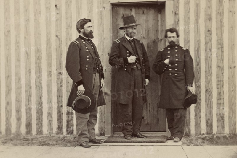 General John A. Rawlins, left, General Ulysses S. Grant, center, and Unidentified Officer, Portrait, 1861