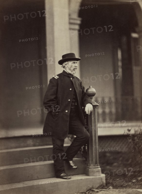 Major General of Union Army Edwin Vose Sumner, full-length Portrait, Standing on Steps, American Civil War, 1861