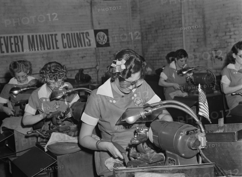 Group of Women Working with Machines at Drill and Tool Factory during World War II, Republic Drill and Tool Company, Chicago, Illinois, USA, Ann Rosener for Office of War Information, August 1942