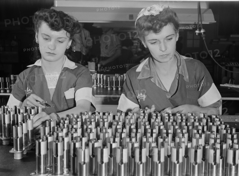 Two Female Workers Inspecting Airplane Motor Parts during World War II, USA, Ann Rosener for Office of War Information, August 1942