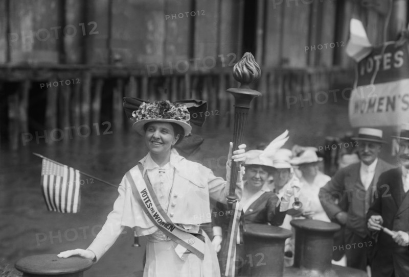 Mina van Winkle with Suffrage Torch on Tugboat during 'Handing of the Torch of Victory' Demonstration, Jersey City, New Jersey, USA, Bain News Service, August 1915