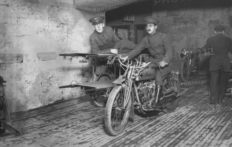 Soldiers on Motorcycle Ambulance at Hero Land Bazaar, a War Relief Benefit during World War I, Grand Central Palace, New York City, New York, USA, Bain News Service, December 1917
