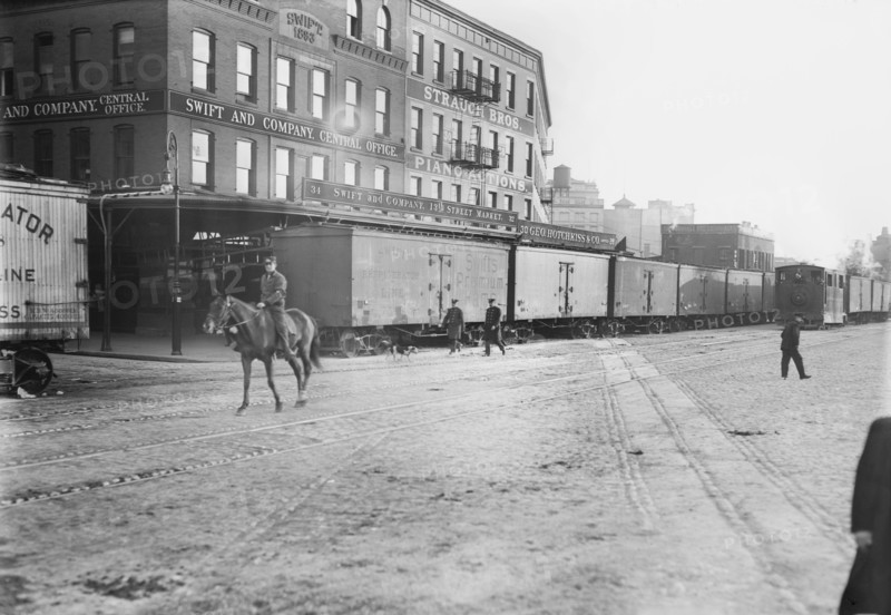 Train on Tracks, Eleventh Ave at 28th Street, New York City, New York, USA, Bain News Service, circa 1900