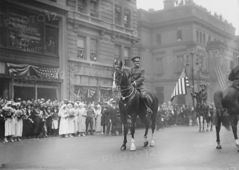 U.S. General John J. Pershing on Horseback Leading World War I Veterans during Parade, New York City, New York, USA, Bain News Service, September 10, 1919