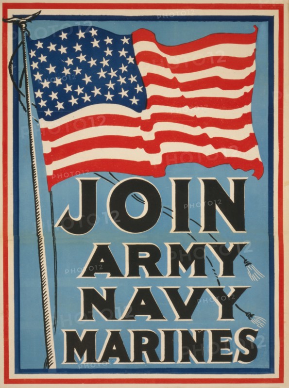 American Flag, "Join Army, Navy, Marines", World War I Recruitment Poster, USA, 1917