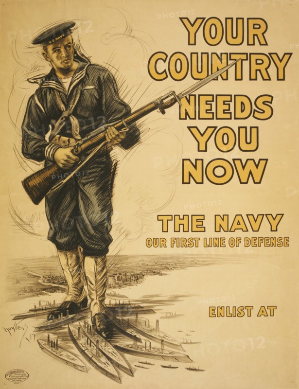Naval Officer with Rifle, "Your Country Needs you Now, The Navy, Our First Line of Defense", World War I Recruitment Poster, by Josef Pierre Nuyttens, USA, 1917