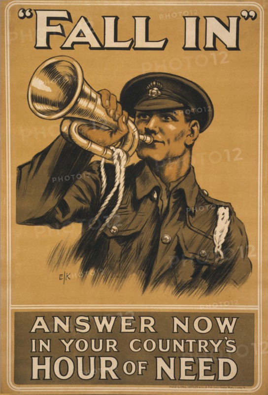 Soldier Blowing Bugle, "Fall in, Answer Now in Your Country's Hour of Need", World War I Recruitment Poster, United Kingdom, 1915