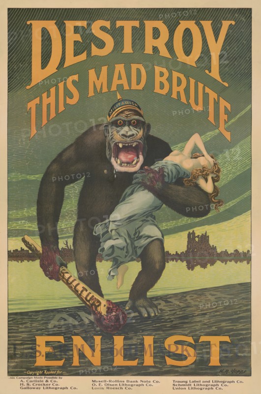 Terrifying Gorilla with Helmet Labeled "Militarism" Holding Bloody Club Labeled "Kultur" and Woman as he Stomps onto American Shore, "Destroy This Mad Brute, Enlist", World War I Recruitment Poster, by Harry R. Hopps, USA, 1918