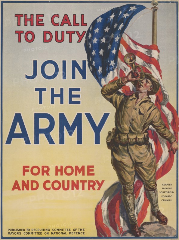 Soldier Blowing Bugle near American Flag, "The Call to Duty, Join the Army for Home and Country", World War I Recruitment Poster, USA, 1917