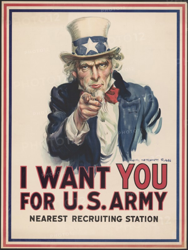 Uncle Sam Pointing Finger, "I Want You for U.S. Army", World War I Recruitment Poster, by James Montgomery Flagg, USA, 1917