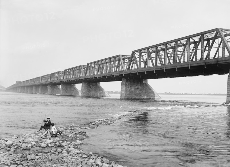 Two People Fishing near Victoria Jubilee Bridge, Montreal, Quebec, Canada, Detroit Publishing Company, 1900
