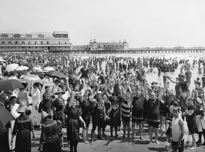 Crowd with Hands up on Beach, Atlantic City, New Jersey, USA, Detroit Publishing Company, 1910
