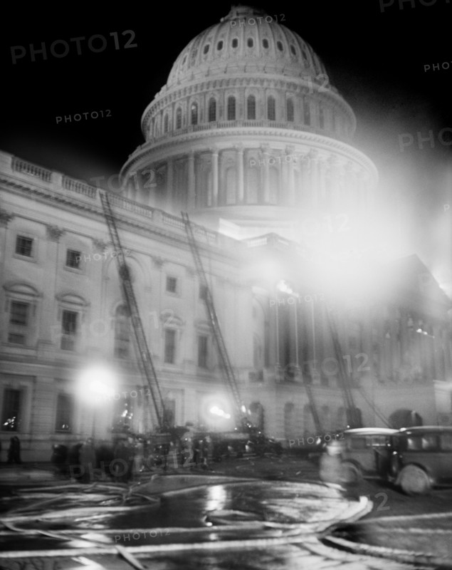 Fire Trucks at U.S. Capitol Building during Fire at Night, Washington DC, USA, Harris & Ewing, January 1930