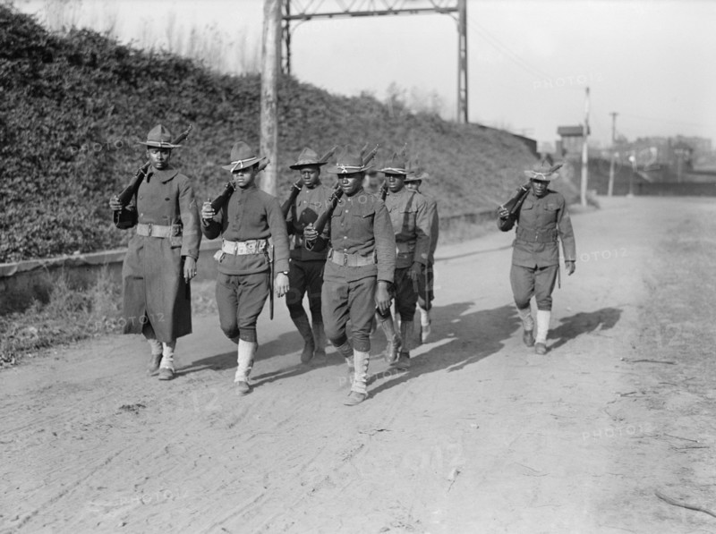 Group of African-American Army Soldiers Marching in Formation, Harris & Ewing, 1917