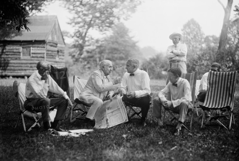 Henry Ford, Thomas Edison, U.S. President Warren Harding and Harvey Firestone, Portrait while Sitting at Campsite, Maryland, USA, Harris & Ewing, 1921