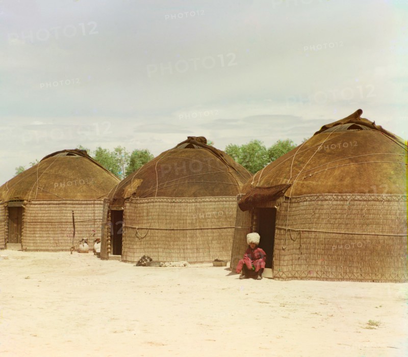 Portrait of Seated Man and Three Tekin Yurts, Bairam-Ali area, Turkmenistan, Russian Empire, Prokudin-Gorskii Collection, 1910