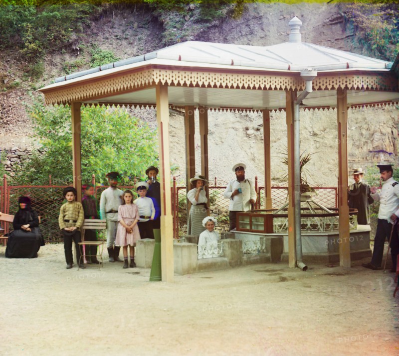 Group of People at Spa Gazebo, Some Drinking Mineral Water, Borjomi, Georgia, Russian Empire, Prokudin-Gorskii Collection, 1910