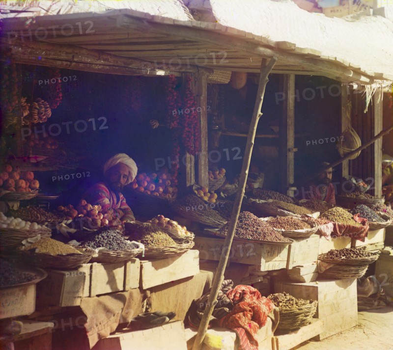 Vendors at Fruit Stand, Samarkand, Uzbekistan, Russian Empire, Prokudin-Gorskii Collection, 1910