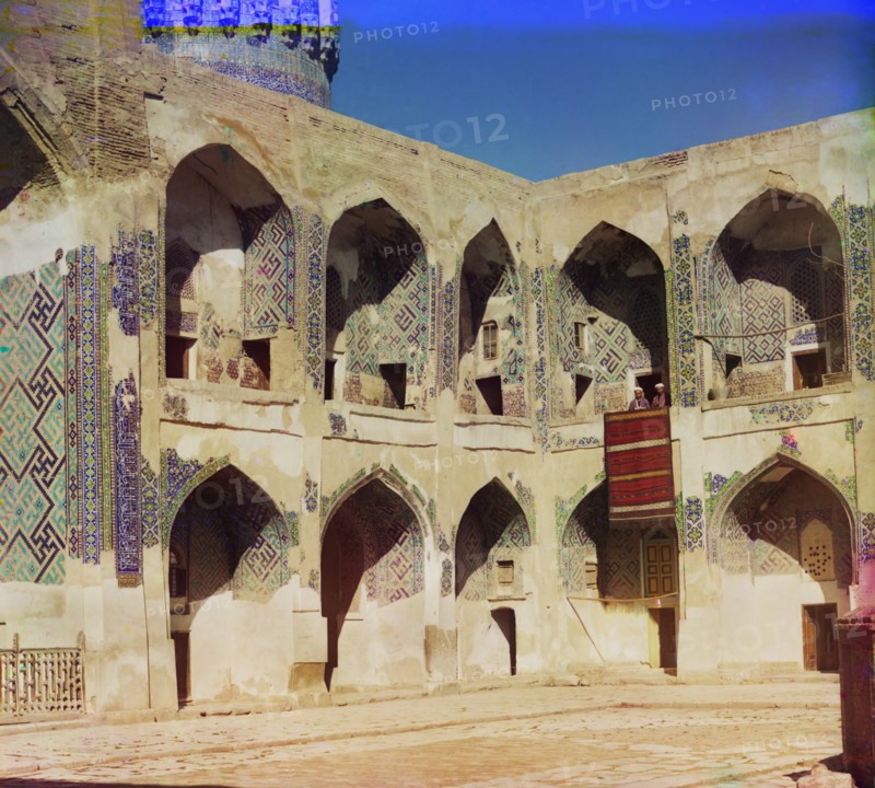 Portrait of Two Men on Balcony of Courtyard, Shir-Dor Mosque, Samarkand, Uzbekistan, Russian Empire, Prokudin-Gorskii Collection, 1910