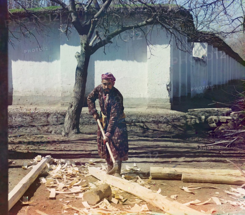 Man Shaving Bark from Log, Samarkand, Uzbekistan, Russian Empire, Prokudin-Gorskii Collection, 1910