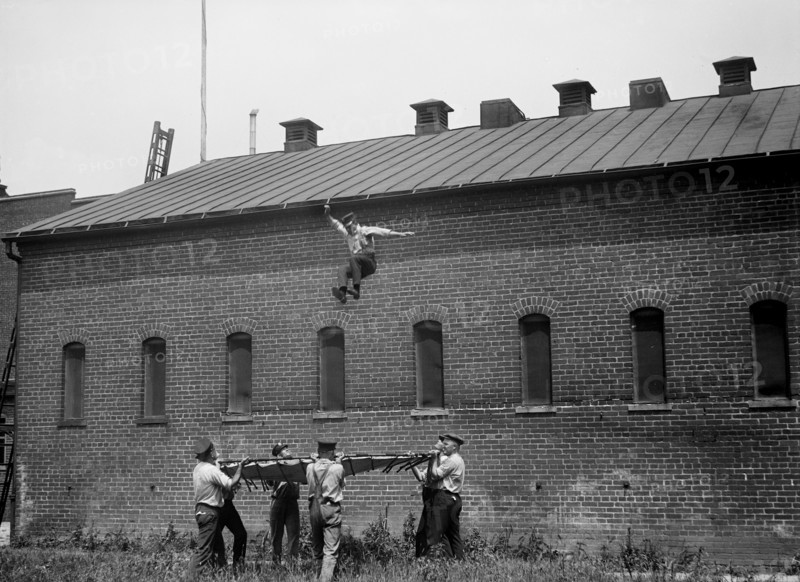 Fireman Jumping from Building Rooftop, Firemen's School, Washington DC, USA, Harris & Ewing, 1921
