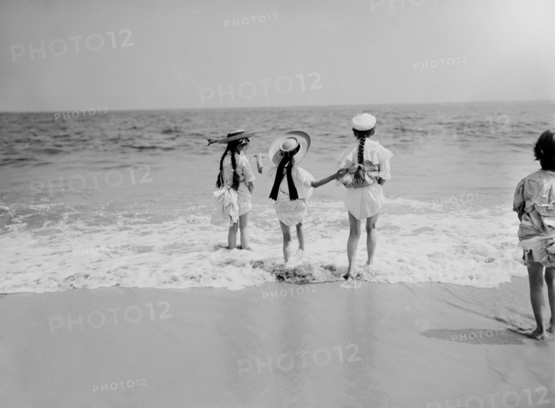 Three Young Girls Wading into Water, Coney Island, New York, USA, Detroit Publishing Company, 1905