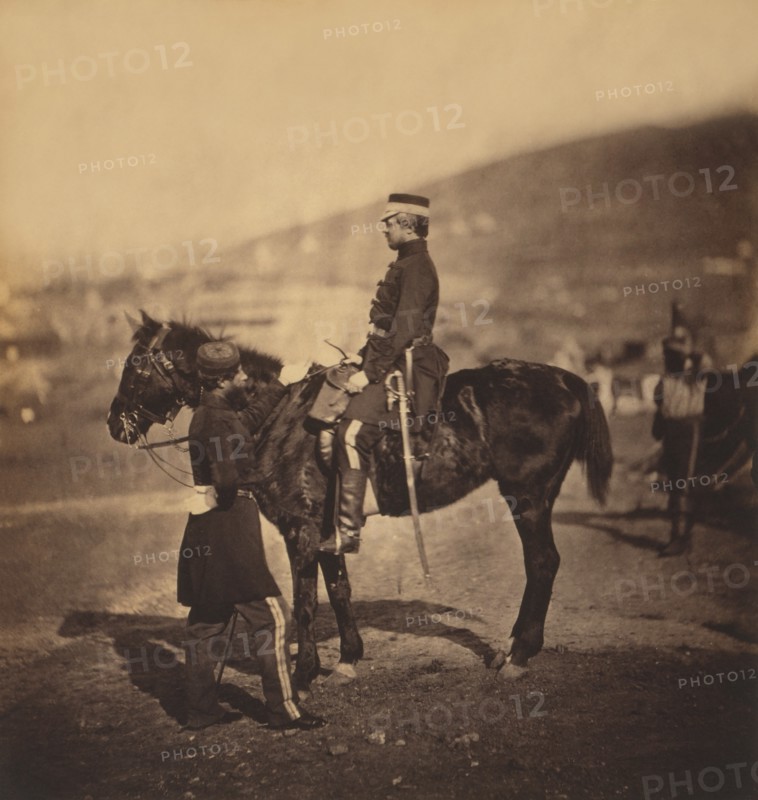 British Brigadier General Lord George Paget, 4th (Queen's Own) Regiment of Light Dragoons, Full-Length Portrait Wearing Uniform, Sitting on Horse, another Officer Standing Nearby, Crimean War, Crimea, Ukraine, by Roger Fenton, 1855