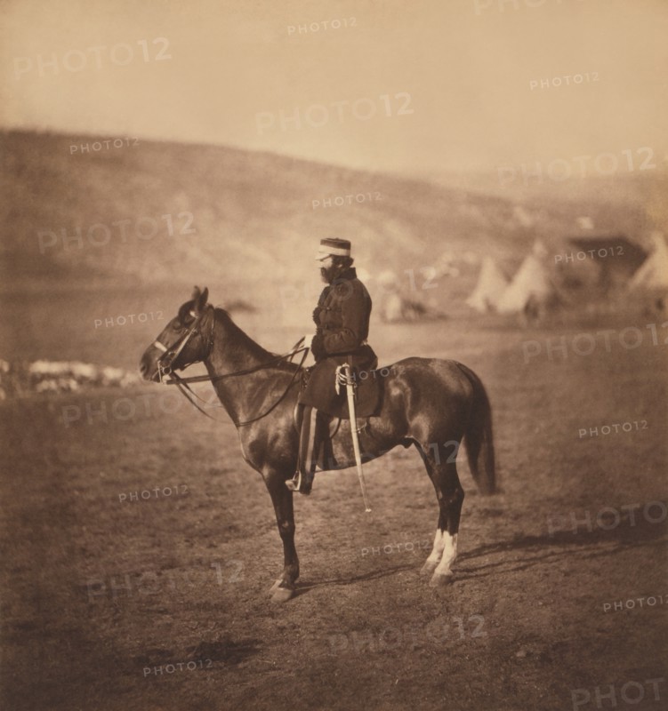British Colonel Frederick Shewell, Full-Length Portrait in Uniform Sitting on Horse, Crimean War, Crimea, Ukraine, by Roger Fenton, 1855