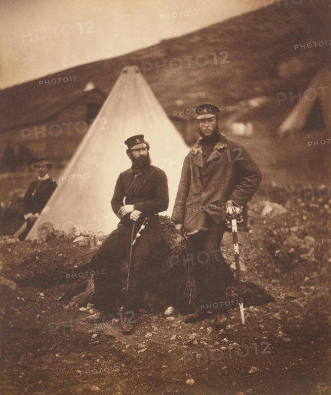 British Captains Charles Campbell Graham and John Chetham McLeod, 42nd Regiment, Portrait with Conical Tent in Background, Crimean War, Crimea, Ukraine, by Roger Fenton, 1855