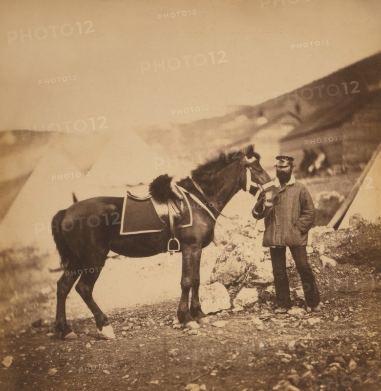 British Captain John Drysdale, Full-length Portrait Holding Reins of Horse, Crimean War, Crimea, Ukraine, by Roger Fenton, 1855