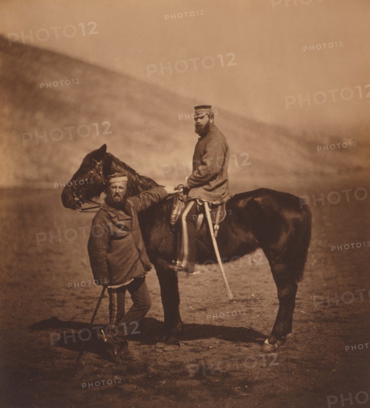 British Captain Edward Phillips and Lieutenant Yates of the 8th Hussars, Full-Length Portrait with Horse, Portrait, Crimean War, Crimea, Ukraine, by Roger Fenton, 1855