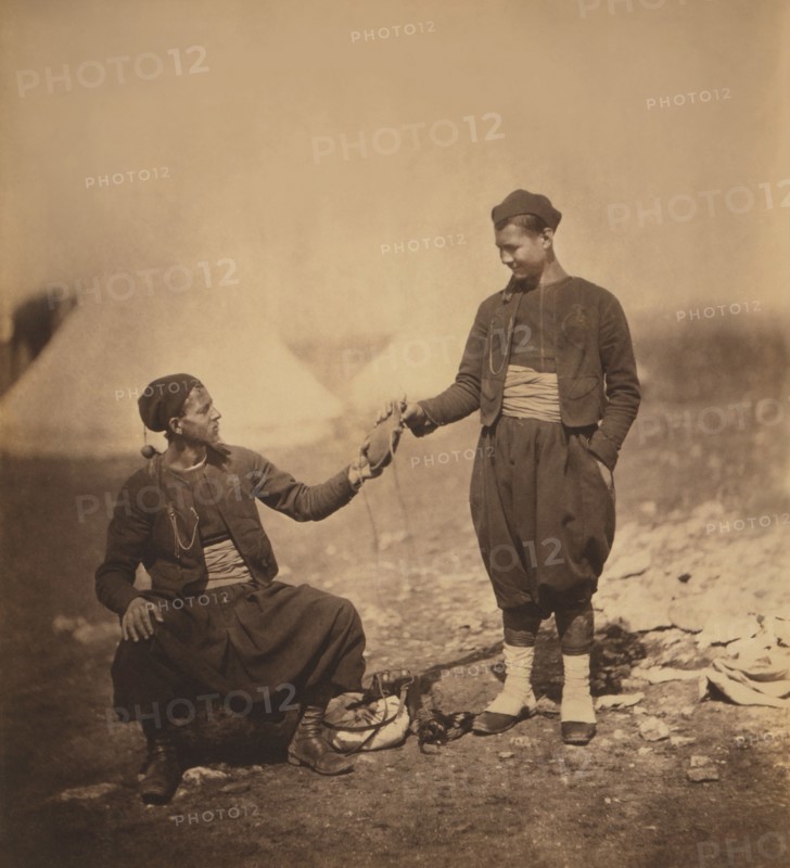 Two French Army Zouaves, Portrait Wearing Uniforms, Crimean War, Crimea, Ukraine, by Roger Fenton, 1855