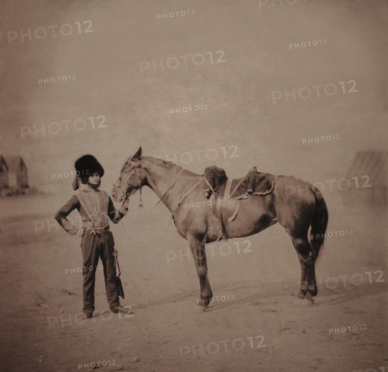 British Lieutenant Shadwell Morley Grylls, Portrait in Uniform Standing Next to Horse, Crimean War, Crimea, Ukraine, by Roger Fenton, 1855