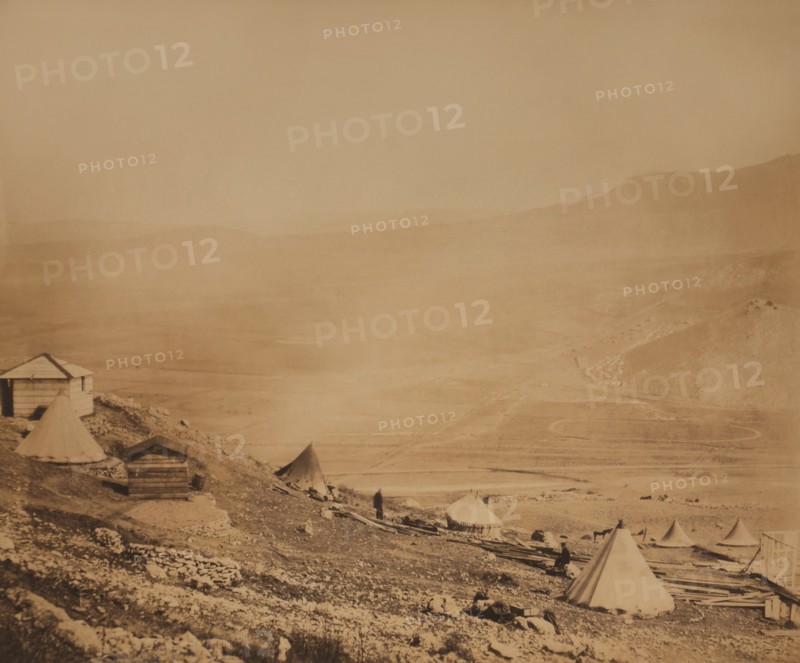 Guard's Hill British Encampment with Tents and Huts in Foreground, Additional Military Installations at Canrobert's Hill in background during Crimean War, Balaclava, Ukraine, by Roger Fenton, 1855