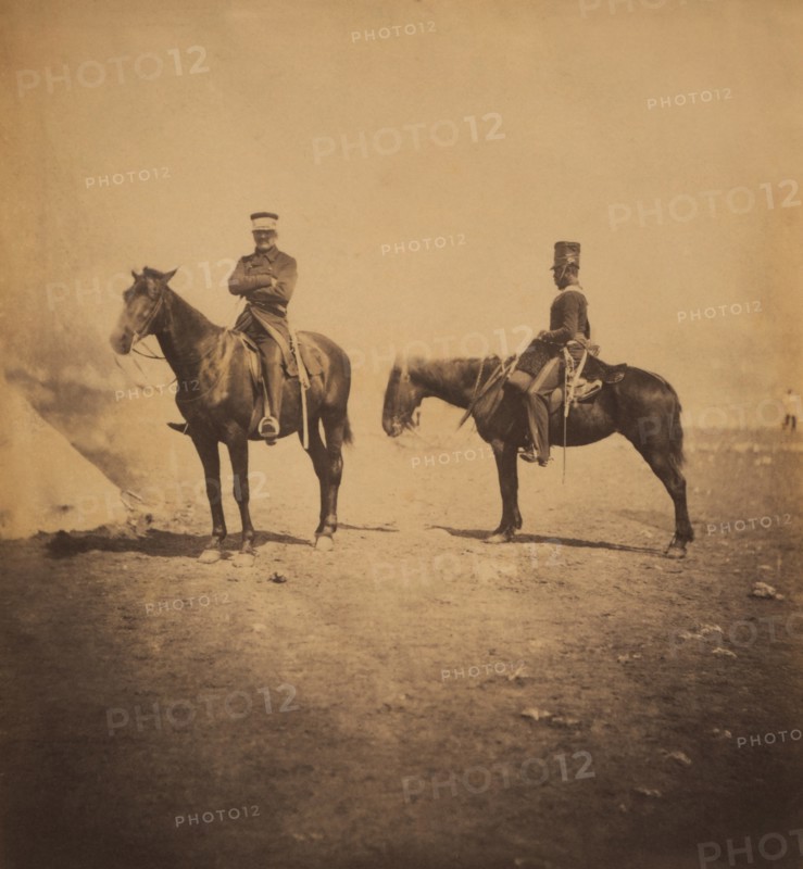 British General Sir John L. Pennefather, 4th Light Dragoons, and Orderly, Seated full-length Portrait on Horses, Crimean War, Crimea, Ukraine, by Roger Fenton, 1855