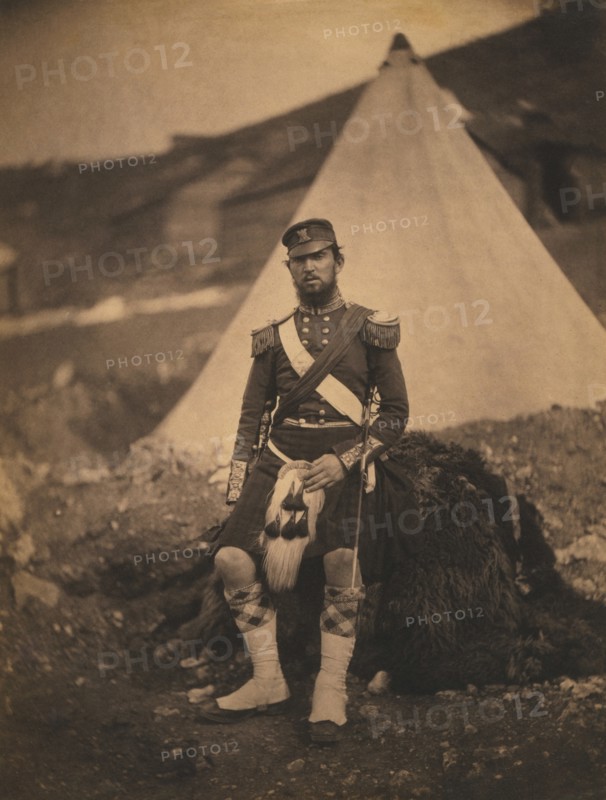 British Captain Robert Cuninghame, 42nd Royal Highland Regiment, Full-Length Portrait in Uniform with Military Tent in Background, Crimean War, Crimea, Ukraine, by Roger Fenton, 1855
