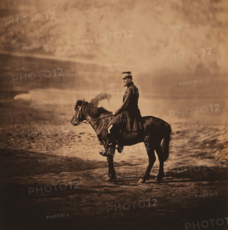 British Captain Charles Halford, full-length Portrait in Uniform Seated on on Horse, Crimean War, Crimea, Ukraine, by Roger Fenton, 1855