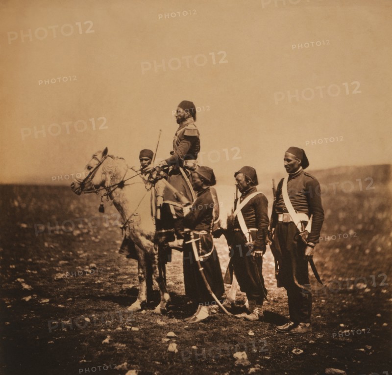 Hungarian General Gyorgy Kmety, (aka Ismail Pasha), Full-Length Portrait Seated on Horse, with Four Attendants, Crimean War, Crimea, Ukraine, by Roger Fenton, 1855